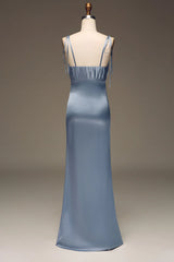 Spaghetti Straps Sheath Satin Pleated Bridesmaid Dress
