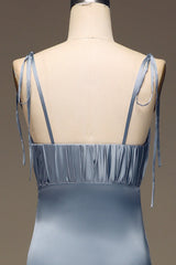 Spaghetti Straps Sheath Satin Pleated Bridesmaid Dress