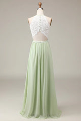 Halter Neck Lace And Chiffon A-Line Floor Length Bridesmaid Dress