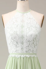 Halter Neck Lace And Chiffon A-Line Floor Length Bridesmaid Dress