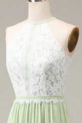 Halter Neck Lace And Chiffon A-Line Floor Length Bridesmaid Dress