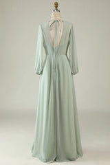 Round Neck Backless Bridesmaid Dresses With Long Sleeves