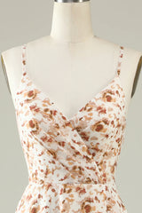 Spaghetti Straps Brown Floral Boho Bridesmaid Dress With Ruffles