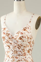 Spaghetti Straps Brown Floral Boho Bridesmaid Dress With Ruffles