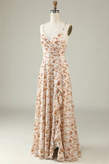 Spaghetti Straps Brown Floral Boho Bridesmaid Dress With Ruffles