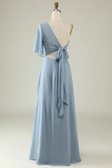 Back Lace Up One Shoulder Chiffon Boho Bridesmaid Dress