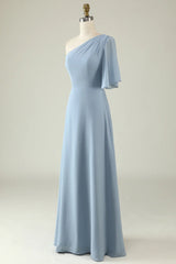 Back Lace Up One Shoulder Chiffon Boho Bridesmaid Dress