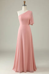 Back Lace Up One Shoulder Chiffon Boho Bridesmaid Dress
