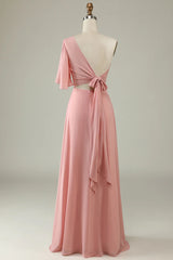 Back Lace Up One Shoulder Chiffon Boho Bridesmaid Dress