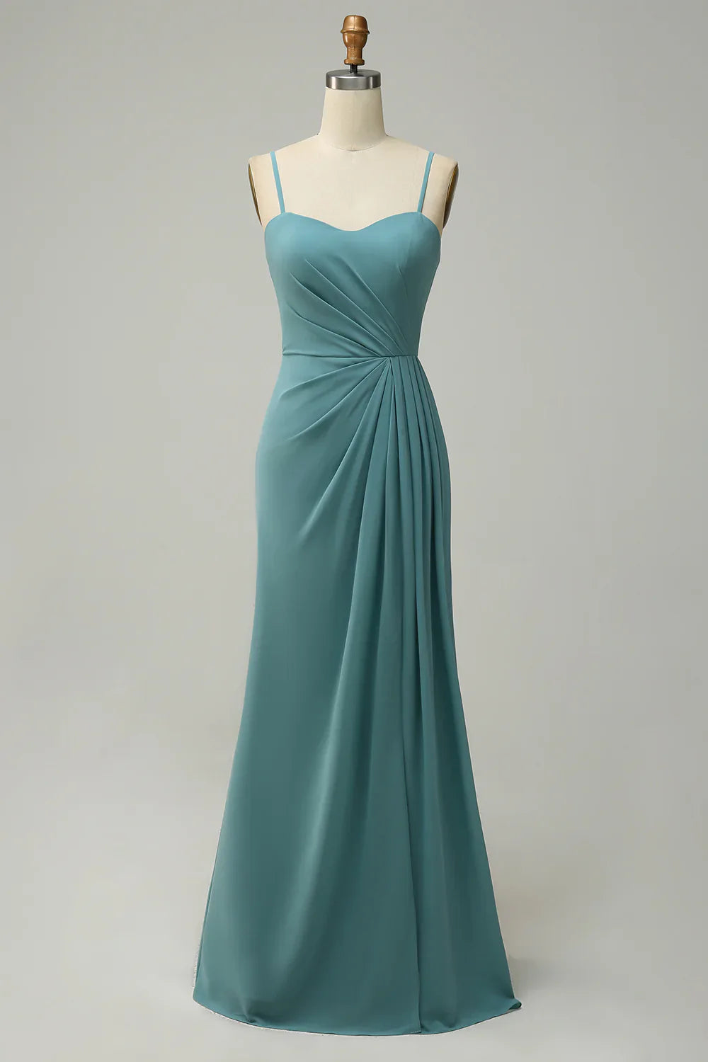 Strapless Thin Shoulder Strap Draped Long Chiffon Bridesmaid Dres s