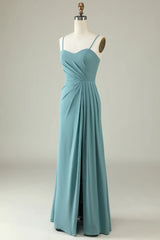 Strapless Thin Shoulder Strap Draped Long Chiffon Bridesmaid Dres s