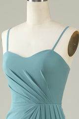 Strapless Thin Shoulder Strap Draped Long Chiffon Bridesmaid Dres s