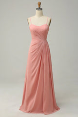 Strapless Thin Shoulder Strap Draped Long Chiffon Bridesmaid Dres s