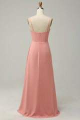 Strapless Thin Shoulder Strap Draped Long Chiffon Bridesmaid Dres s