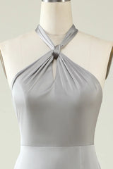 A Line Halter Neck Long Bridesmaid Dress With Slit