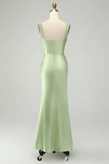 Satin Mermaid Long Bridesmaid Dress With Eyelash Lace