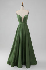 Satin V Neck A-Line Long Bridesmaid Dress