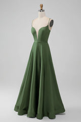 Satin V Neck A-Line Long Bridesmaid Dress