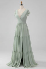 V Neck A Line Chiffon Long Bridesmaid Dress With Slit