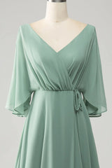 Batwing Sleeves Long Chiffon Bridesmaid Dress With Slit