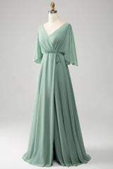 Batwing Sleeves Long Chiffon Bridesmaid Dress With Slit