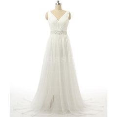 Ball-Gown/Princess V-neck Chapel Train Tulle Wedding Dress With Ruffle Beading
