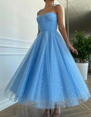 Tulle Blue Sweetheart Prom Dresses Homecoming Dresses with Stars