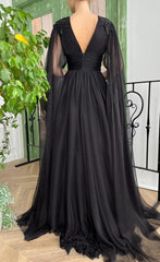 32841- Plunging V-Neck Beads Black Long Prom Dress with Pockets