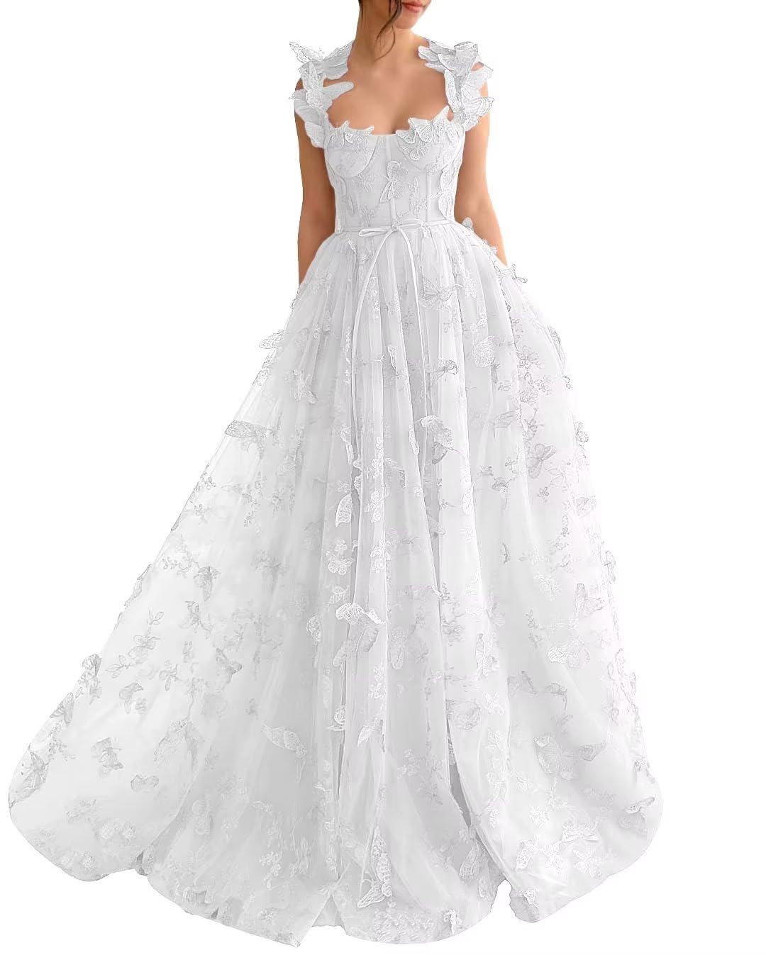 Long Tulle Prom Dress with 3D Butterflies Floor Length Formal Evening