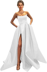 Womens Long Strapless Satin Prom Dress Sleeveless Slit Evening Ball Gown Off Shoulder Party Dress Wholesale