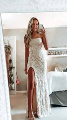White Lace Strapless Wedding Dress, Sleeveless Party Dress, AST1739