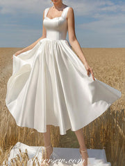 White Satin Sleeveless Knee Length Simple Wedding Dresses, CW0311