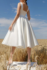 White Satin Sleeveless Knee Length Simple Wedding Dresses, CW0311