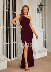 One shoulder sleeveless ball gown with high slit elegant wedding guest party formal long gown