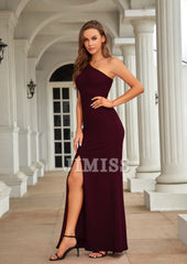 One shoulder sleeveless ball gown with high slit elegant wedding guest party formal long gown