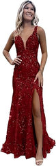 Women's Sparkly Sequin Mermaid Prom Dresses for Teens V Neck Long Formal Evening Party Dresses with Slit Wholesale