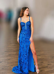 33857 - Striking  Deep V-Neck Side Split Appliques Mermaid Hot Long Prom Formal Dress