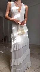 Casual V Neck Chiffon Ruffle Prom Dress Backless Long Formal Dresses