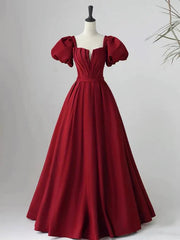 Wine Red Short Sleeves A-line Floor Length Party Dress Long Prom Dress Elegant Evening Dress