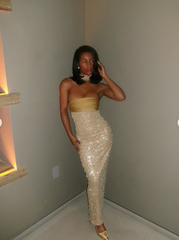 Pretty Mermaid Strapless Long Yellow Sequin Satin Party Dresses Prom Dresses SD2042