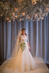 A-line/Princess Off-the-shoulder Full/Long Sleeves Long Lace Bridal Wedding Dresses with Beading
