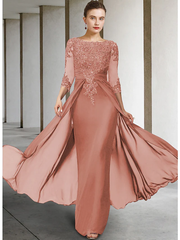 Mother of the Bride Dress Elegant Sparkle & Shine Jewel Neck Asymmetrical Floor Length Chiffon Lace 3/4 Length Sleeve with Sequin