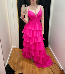 Wholesale Sexy Fuchsia Layered A Line Evening Dress Chiffon Long Prom Dress Charming Party Dress