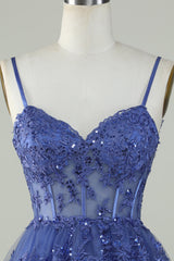 Spaghetti Straps Dark Blue Sparkly Corset Homecoming Dress