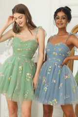 Green Short A-Line Homecoming Dress With Embroidery