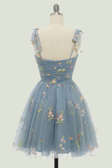 Grey Blue Short A-Line Homecoming Dress With Embroidery