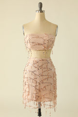 Two Piece Sequins Strapless Pink Homecoming Dress