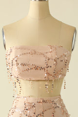 Two Piece Sequins Strapless Pink Homecoming Dress