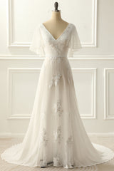 A-line V neck Floor-length Ivory Appliques Wedding Dress