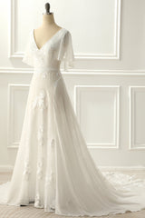 A-line V neck Floor-length Ivory Appliques Wedding Dress